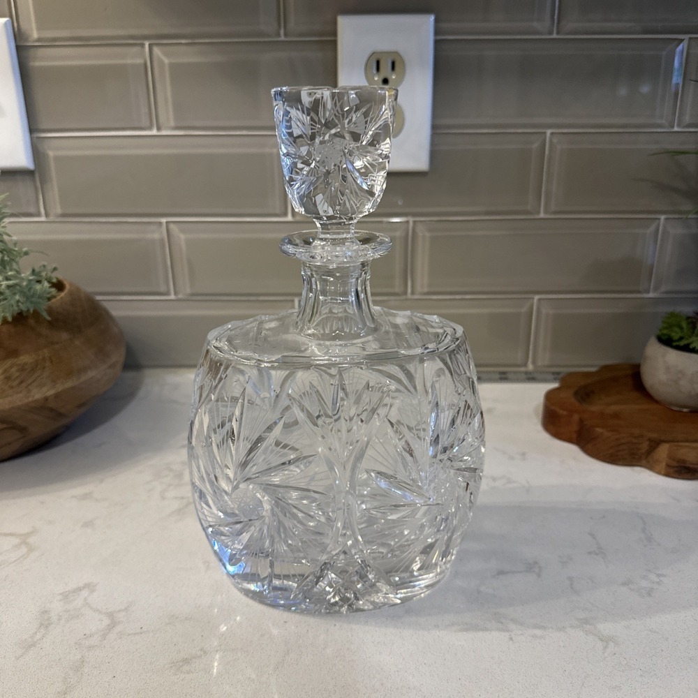 Vintage Heavy Etched Cut Clear 24% Lead Crystal Glass Decanter Carafe Poland